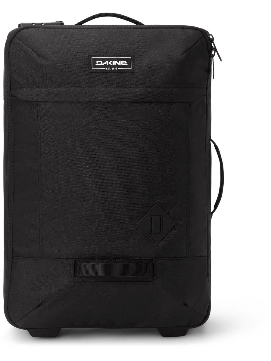 Dakine 365 Carry-On Roller Bag LT 40L in Black, front view with handle retracted showing the logo patch, lash tab and side grab handle