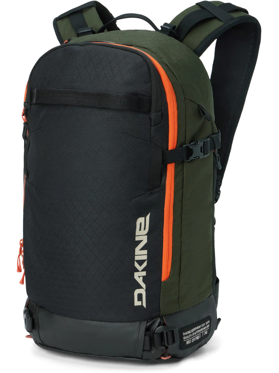 Dakine Heli 2.0 Pro Pack 26L in Rosin, front three-quarter view of the dark olive pack with bright orange zip trim and Dakine logo