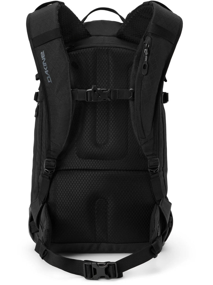Dakine Heli 2.0 Pro Pack 26L in Black, back view showing the padded shoulder straps, sternum strap, mesh back panel and hip belt