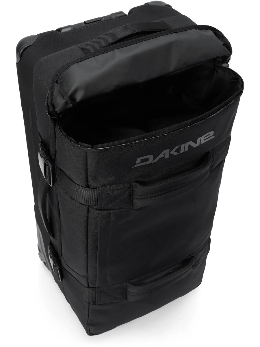 Dakine Split Roller Bag 2.0 85L in Black, angled top view with the upper compartment unzipped and open showing the Dakine logo front