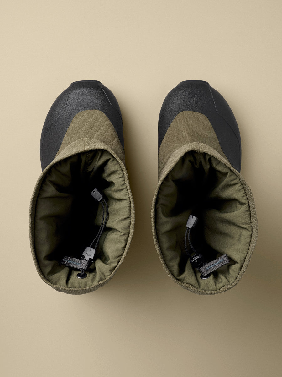Arcteryx PostTour in Tatsu/Black, top-down view of the pair with the insulated olive collars and drawcord toggles visible
