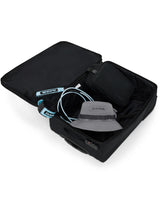 Dakine 365 Carry-On Roller Bag LT 40L in Black, opened flat to show the interior packed with a pouch, headphones and bucket hat