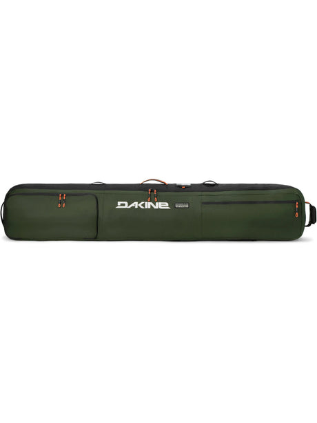 Dakine Fall Line Ski Roller Bag 190cm in Rosin, side view of the dark green bag showing the Dakine logo, zipped pocket and grab handles