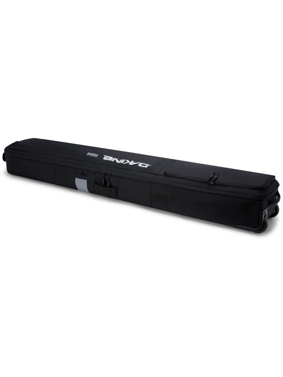 Dakine Fall Line Ski Roller Bag 190cm in Black Coated, angled top view showing the Dakine logo, top grab handles and wheel end