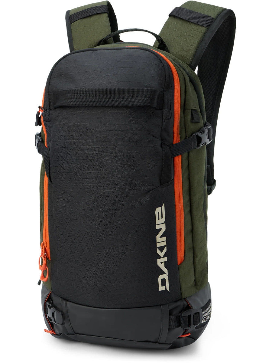 Dakine Heli 2.0 Pro Pack 20L in Rosin, front three-quarter view of the dark olive pack with orange zip trim and side compression straps