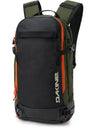 Dakine Heli 2.0 Pro Pack 20L in Rosin, front three-quarter view of the dark olive pack with orange zip trim and side compression straps