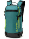 Dakine Heli 2.0 Pro Pack 20L in Mediterranea, front three-quarter view of the teal pack with lime green zip trim and Dakine logo