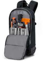 Dakine Heli 2.0 Pro Pack 20L in Black, back panel opened to show the avalanche tool pocket holding a shovel, probe and saw