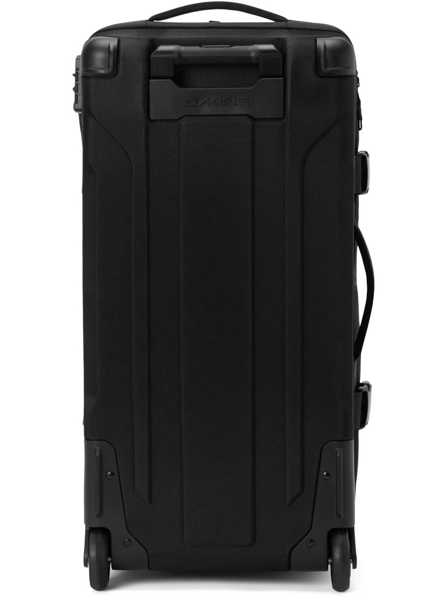 Dakine Split Roller Bag 2.0 85L in Black, rear view with the telescopic handle retracted showing the back panel and twin wheels