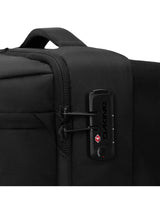 Close-up of the Dakine Split Roller Bag 2.0 85L in Black showing the zip combination lock and padded top carry handle