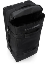 Dakine Split Roller Bag 2.0 85L in Black, angled top view with the upper compartment unzipped and open showing the Dakine logo front