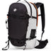 Mammut Haldigrat 30 E2 Airbag M/L in Platinum, three-quarter front view showing the white body, black front panel, mesh pocket and ski straps