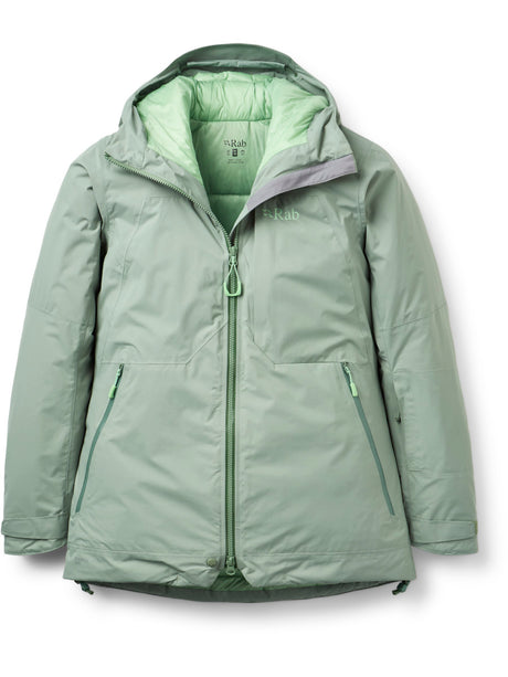 Rab Women's Optical Down Jacket in Dark Fig Green, front view with the down-lined hood and green zip pulls