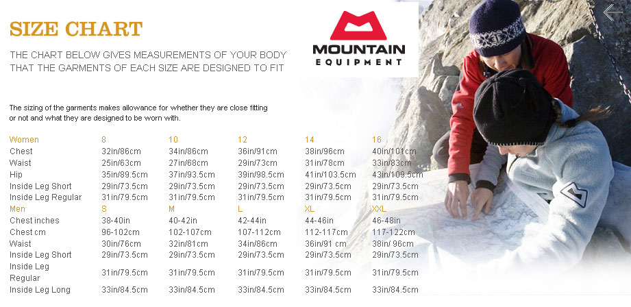 Mountain Equipment Size Chart